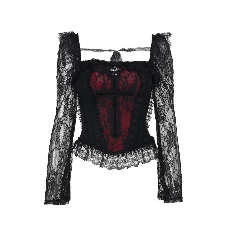 Long sleeve lace hem square neck self tie top