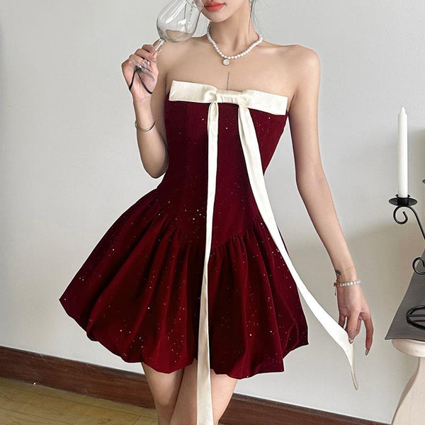 Vestido mini de tubo con espalda descubierta, fruncido y fruncido con lazo 