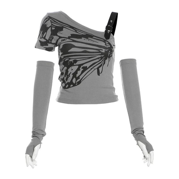 Irregular short sleeve gloves butterfly print top