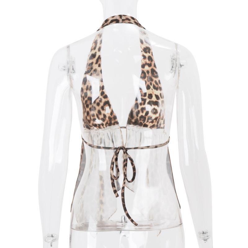 Top con cuello halter, espalda descubierta y lazo con estampado de leopardo 