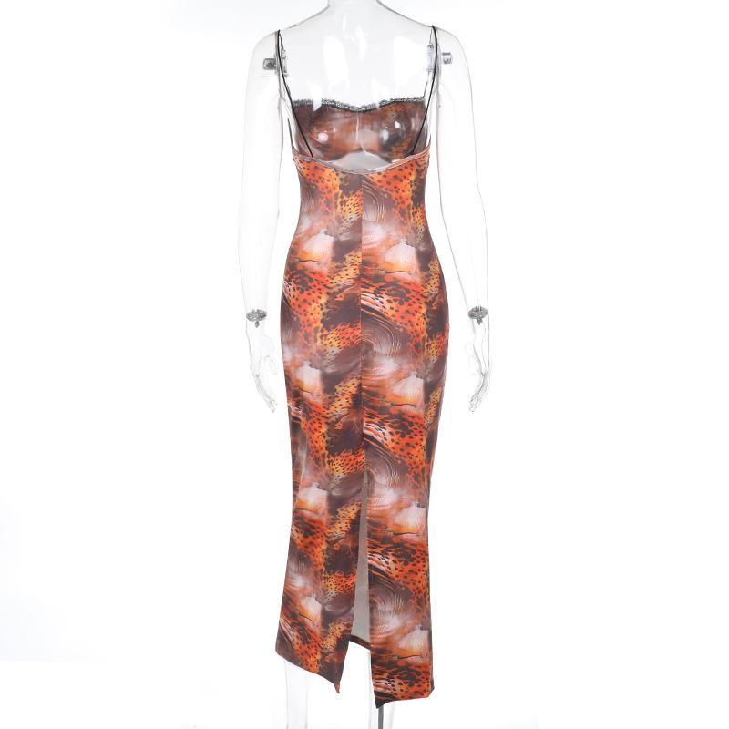 Robe midi camisole fendue à imprimé léopard et ourlet en dentelle avec nœud papillon 