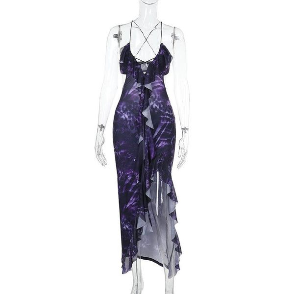 Robe longue à bretelles spaghetti fendues et à volants avec imprimé croisé dans le dos 