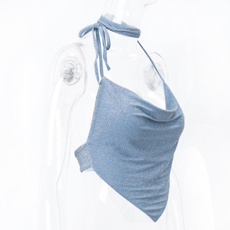 Halter self tie button cowl neck backless top