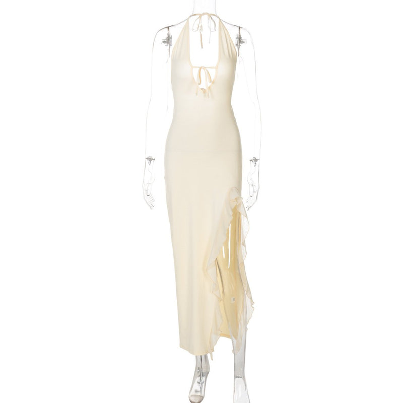 Robe longue unie à volants et col en V avec fente et lien à nouer 