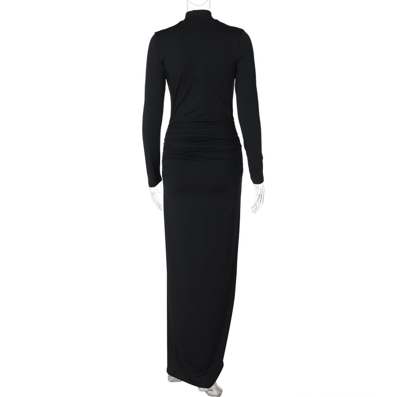 Long sleeve hollow out high slit ruched maxi dress