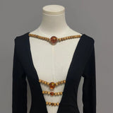 Long sleeve hollow out beaded v neck top