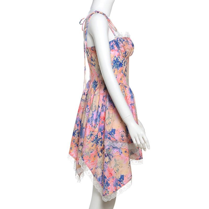 Vestido mini de tirantes finos con cuello en V, estampado y cremallera en el dobladillo de encaje 