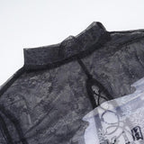 Long sleeve high neck lace up sheer mesh print top