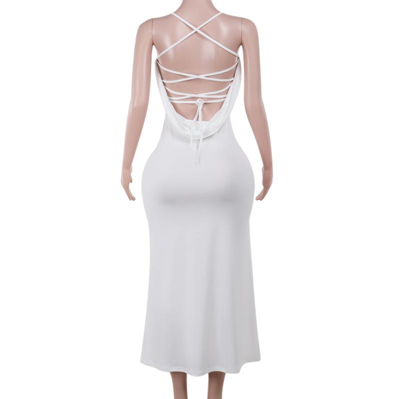 Robe midi froncée en dentelle à col en V et à nouer dans le dos 