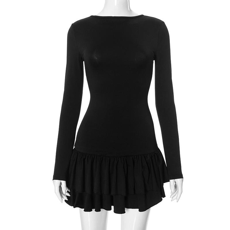 Vestido mini liso con cuello redondo y manga larga fruncida 