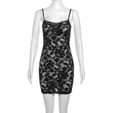 Lace hollow out see through u neck cami mini dress