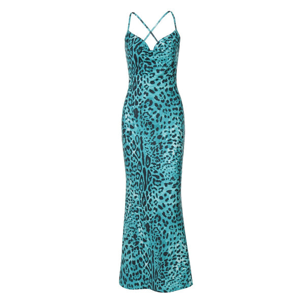 Vestido largo camisola con cuello vuelto y espalda cruzada con estampado de leopardo 