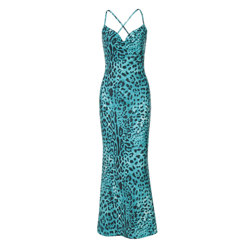 Robe longue à imprimé léopard, col bénitier et dos croisé 