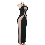 Vestido largo sin espalda con parches de malla y lazo tipo halter 