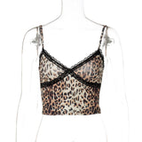 Haut camisole dos nu à imprimé léopard avec ourlet en dentelle et col en V 
