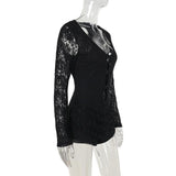 Hollow out zip-up bowknot lace hem long sleeve romper