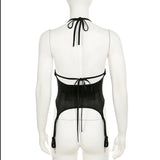 Top liso sin espalda, cuello en V y lazo tipo halter 