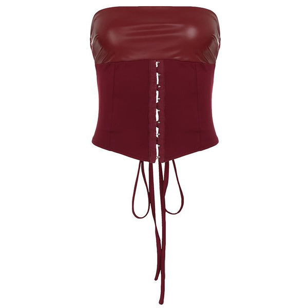 Corsé de cuero de PU con cordones y botones, top de tubo liso 