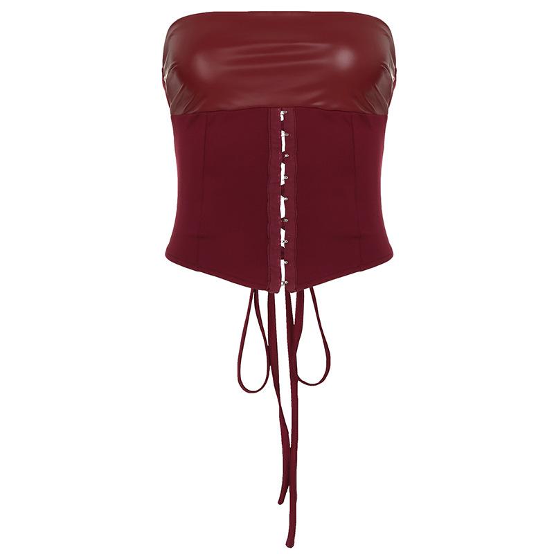 Corset à lacets en cuir PU avec boutons et haut tube solide 