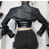 Top de manga larga con cremallera y apliques de remaches de cuero PU, calado 