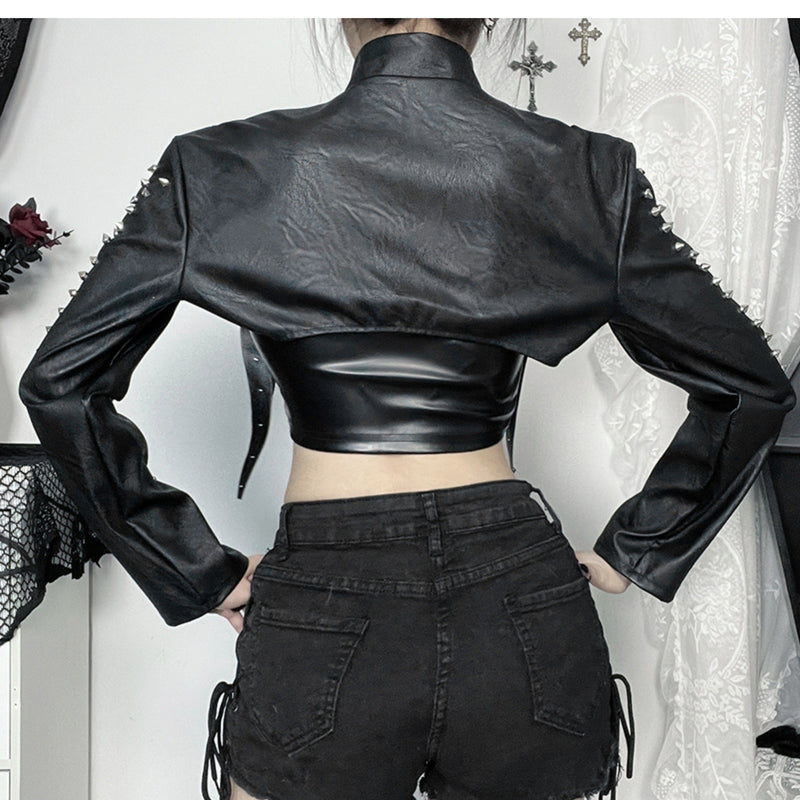 Top de manga larga con cremallera y apliques de remaches de cuero PU, calado 