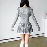 Drawstring lace hem bowknot print A line mini skirt