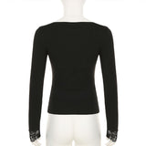 Long sleeve lace hem square neck solid top
