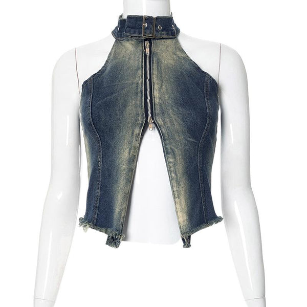 Halter zip-up slit denim buckle raw hem top