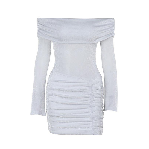 Off shoulder long sleeve ruched mini dress