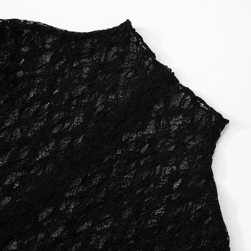 Long sleeve lace high neck zip-up see through jumpsuit