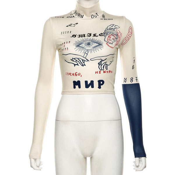 High neck print long sleeve contrast crop top