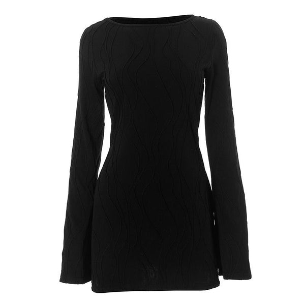 Long sleeve textured crewneck solid mini dress