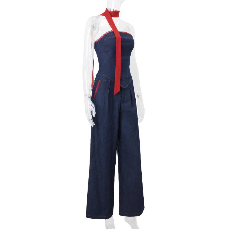 Haut tube en jean avec ourlet en dentelle et corset à lacets 