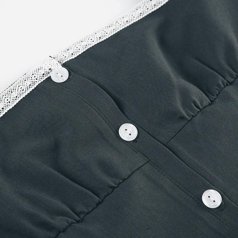 Square neck lace hem button ruched backless top