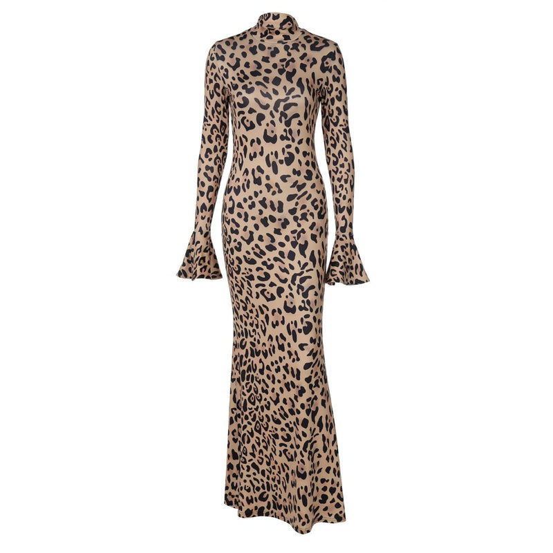 Robe longue à manches longues évasées et col haut à imprimé léopard 