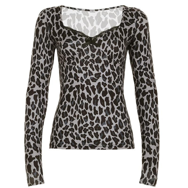 Top con lazo, dobladillo de encaje, escote en V y manga larga con estampado de leopardo 