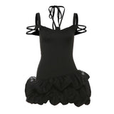 Halter self tie hollow out ruched solid mini dress