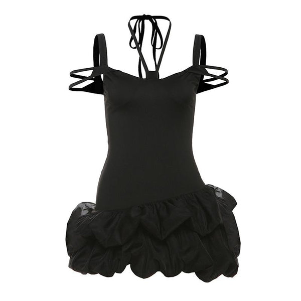 Halter self tie hollow out ruched solid mini dress