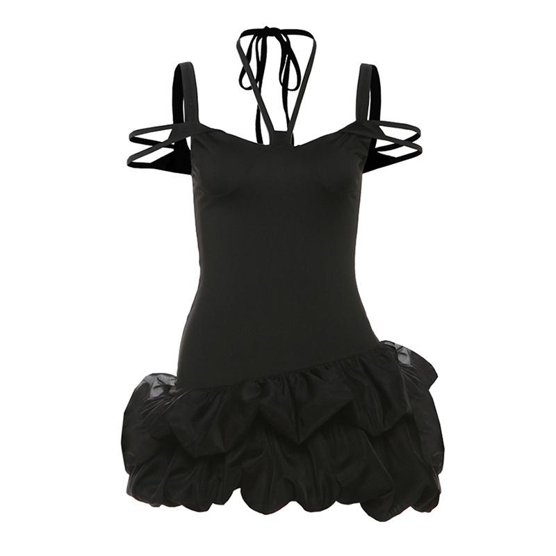 Halter self tie hollow out ruched solid mini dress