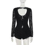 Hollow out zip-up bowknot lace hem long sleeve romper