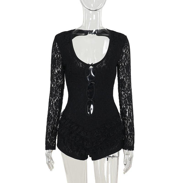 Hollow out zip-up bowknot lace hem long sleeve romper