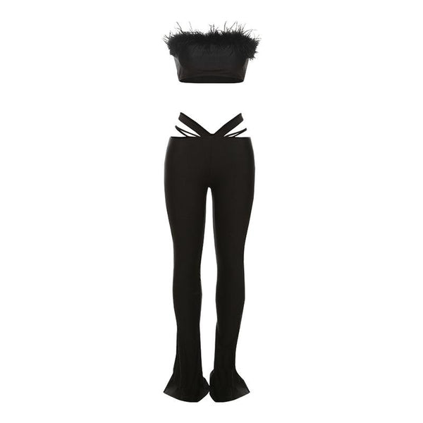 Ensemble pantalon tube uni taille basse ajouré en plumes 