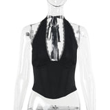 Halter self tie lace hem deep V neck corset top
