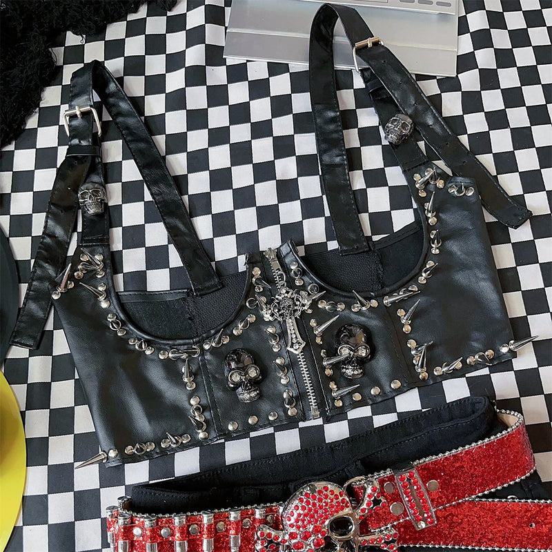 Haut camisole en cuir PU avec fermeture éclair et boucle à motif tête de mort 