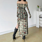 Robe midi à volants et manches longues, épaules dénudées, imprimé floral 