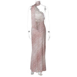 Robe longue contrastée à imprimé léopard et dos nu irrégulier 