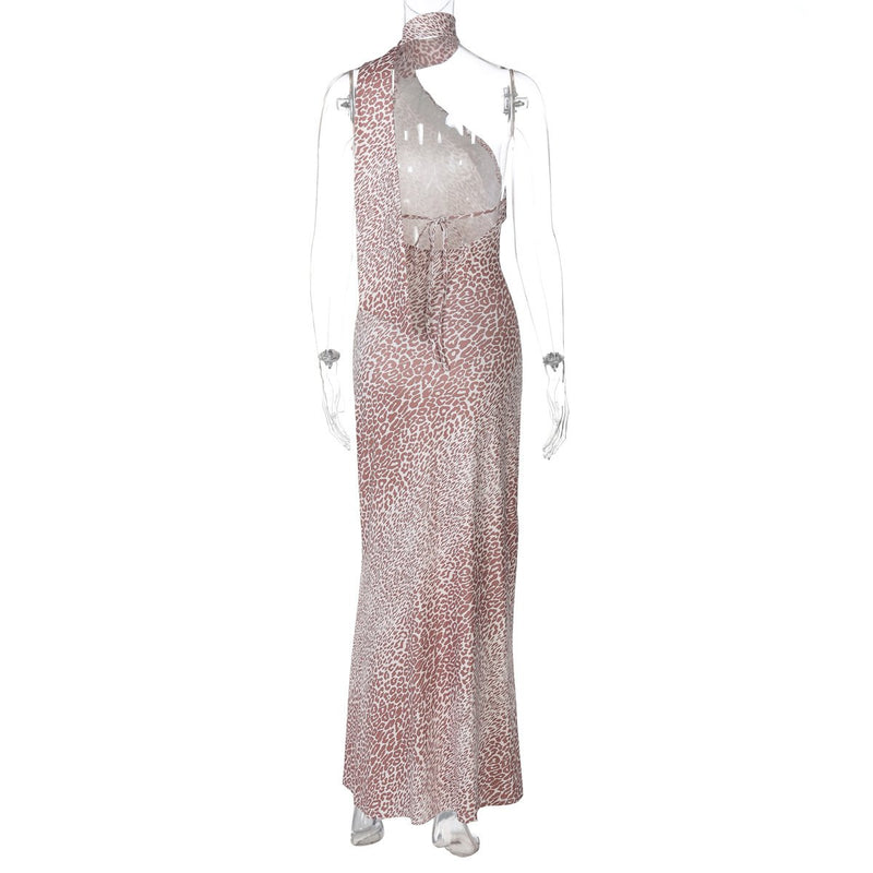 Robe longue contrastée à imprimé léopard et dos nu irrégulier 