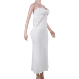 Robe midi froncée en dentelle à col en V et à nouer dans le dos 