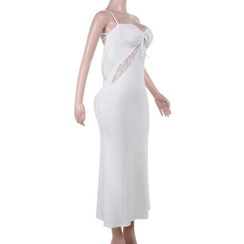 Robe midi froncée en dentelle à col en V et à nouer dans le dos 