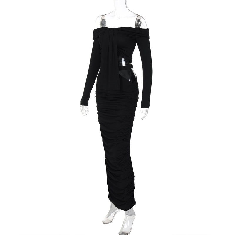 Off shoulder long sleeve hollow out maxi dress